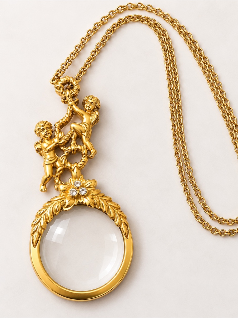 Gold Circle Cherub Magnifying Pendant Necklace for Women
